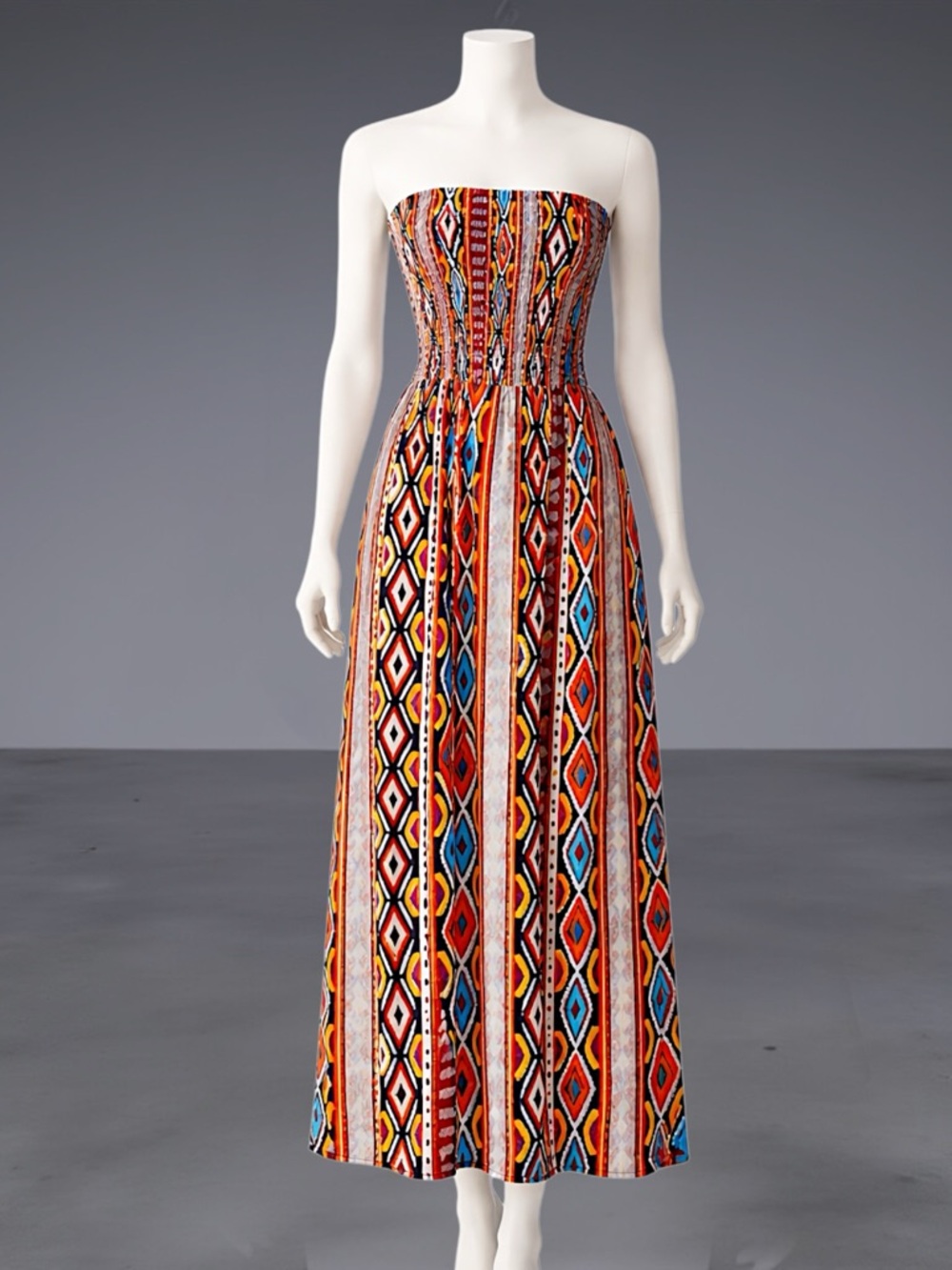 Strapless Smocked Bohemian Maxi Dress - Multicolor - Picture 4 of 13